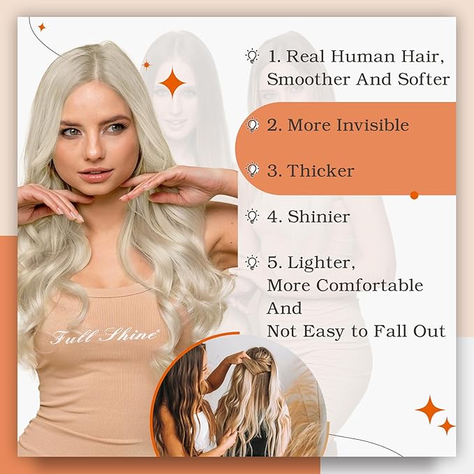 Full Shine Blonde Tape in Hair Extensions 18 Inch PU Tape in Extensions Color 613 Blonde Remy Human Hair Extension 50 Gram Real Human Hair Invisible Hair 20 Pieces Seamless Tapes for Women Straight