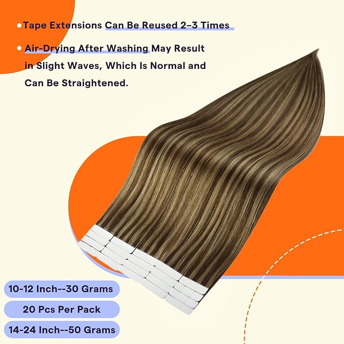 Full Shine Tape in Hair Extensions 20 Inch Hair Extensions Tape Ins Color 4 Medium Brown Highlight with 27 Honey Blonde Invisible 50Gram Human Hair Tape Extensions for Party 20Pcs