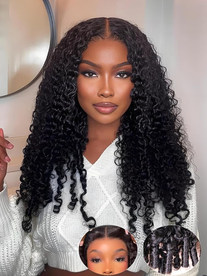 Burmese Curly Wear and Go Glueless Wig Human Hair Curly Texture with Finger Coil Ends Upgrade 9X6 T Part Pre Cut Lace Flip Over Beginner Friendly Wear Go Drawstring Wig 180% Density 24 Inch