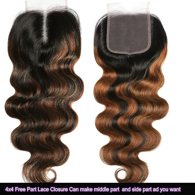 UNICE Brown Highlight Body Wave Human Hair 3 Bundles with 4x4 lace closure, Brazilian Remy Hair Ombre Human Hair Wavy Weaves FB30 Color 20 22 24+20 Closure
