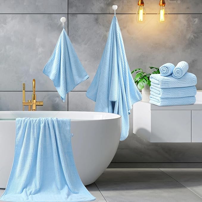 8 Piece Bath Towel Set-2 Oversized Bath Sheets(35"x70"),2 Hand Towels,4 Washcloths-Extra Large Microfiber Towel Sets,Less Lint Highly Absorbent & Quick Dry Bath Towels for Bathroom Gym Pool,Blue