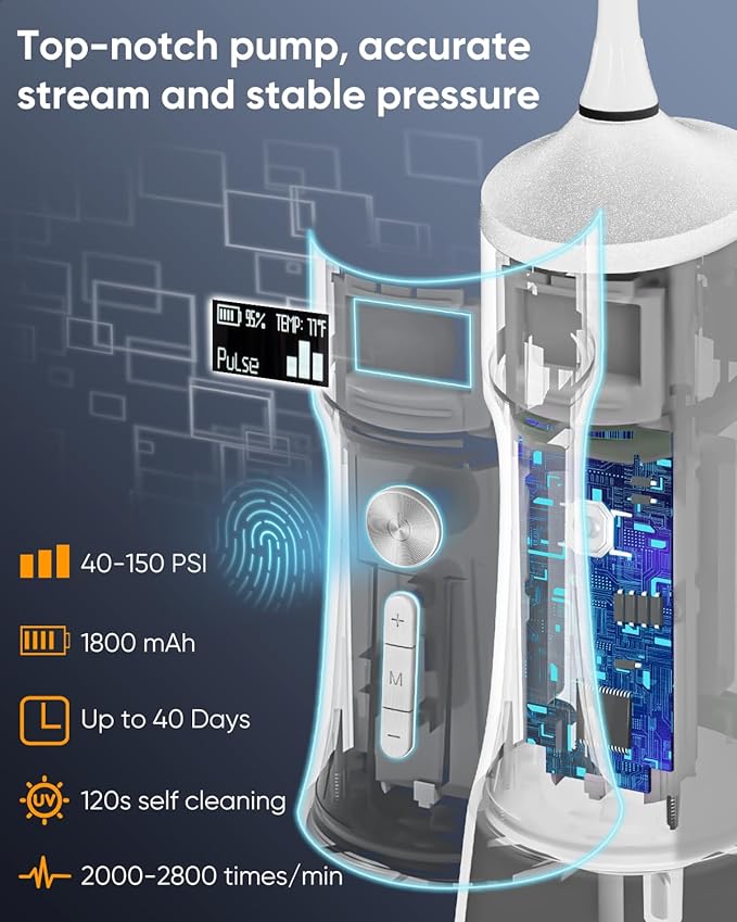 MySmile LP221 UVC Sterilizable Cordless Water Flossers for Teeth 335ML Portable OLED Display Dental Flosser with 4 Modes 8 Jet Tips and a Storage Pouch for Home and Travel (Pearl White)