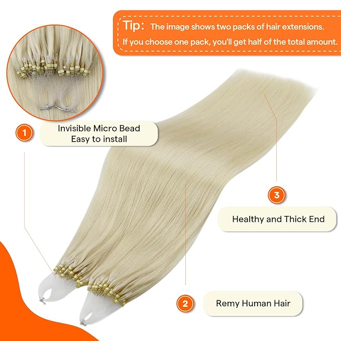 Full Shine Micro Loop Hair Extensions Human Hair 16 Inch Color 60 Platinum Blonde Prebonded Micro Link Hair Extensions Human Hair for Women 50G with 7G Micro Beads add Volume