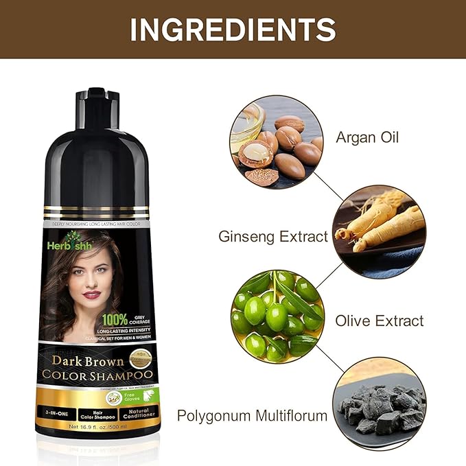 Herbishh Hair Color Shampoo - Magic Dye for Gray Hair, Lasting Color in Minutes - 500 Ml, 3-In-1, Ammonia-Free (Dark Brown)