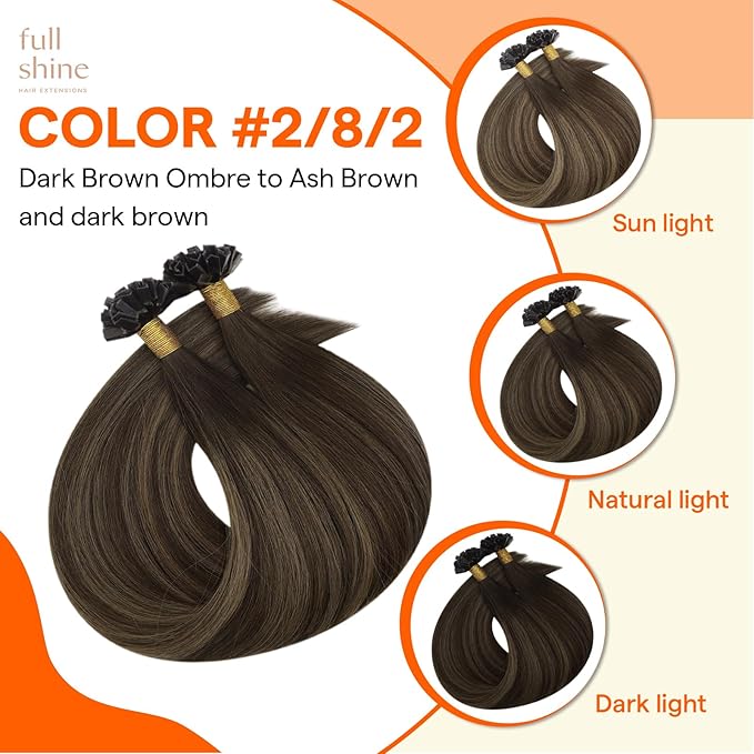 Full Shine K Tip Hair Extensions Real Human Hair 24 Inch 50 Grams Dark Brown Fading to Ash Brown and Brown Ktip Human Hair Extensions Fusion Extensions Remy Human Hair