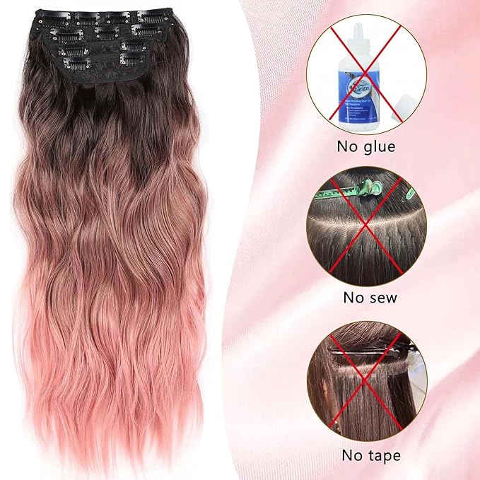 24 Inch Clip in Long Wavy Curly Hair Extensions, 4 PCS Pink Hair Extensions Clip ins, Thick Hairpieces Clip in Hair Extension for Women Synthetic Hair Double Weft Hairpieces (PINK, 24INCH)