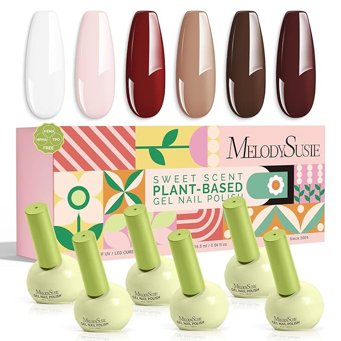 MelodySusie Highly Pigmented Gel Nail Polish Set, 0.56 fl.oz Tilt-and-Stand Bottle, HEMA Free Plant-Based Formula, 6 Colors Nude Neutral, Soak Off UV LED Manicure Kit Gift Box(Brown Nude Pink)