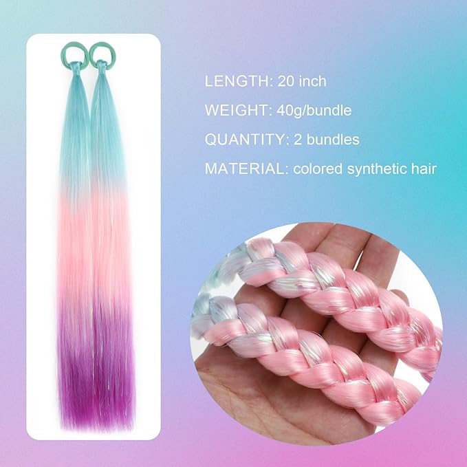 Colored Hair Extensions Ponytail Extension Colorful 2 Packs, 20 inch Crazy Hair Day Accessories for Women, DIY Festival Wacky Rave Braids,Tinsel Mixed
