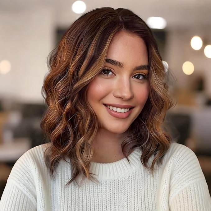 Brown with Caramel Highlights Short Wavy Wig for Women Lace Hairline Bob Style Synthetic Heat Resistant - Natural Appearance for Everyday Hairstyle 14 Inch