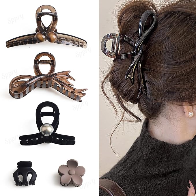 Classic Assorted Hair Claw Clips for Women Thick/Thin Hair, Set of 5, Brown & Black (01)