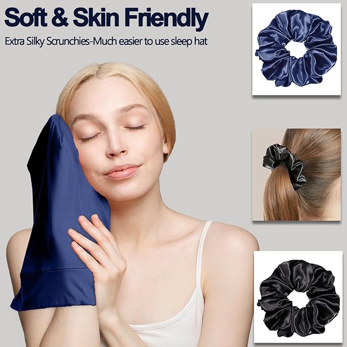 Sleep Cap Bonnet for Sleeping, Adjustable Cooling Ice Silk Lined Hair Bonnets for Natural Curly Braids Beanie Hat Women Men