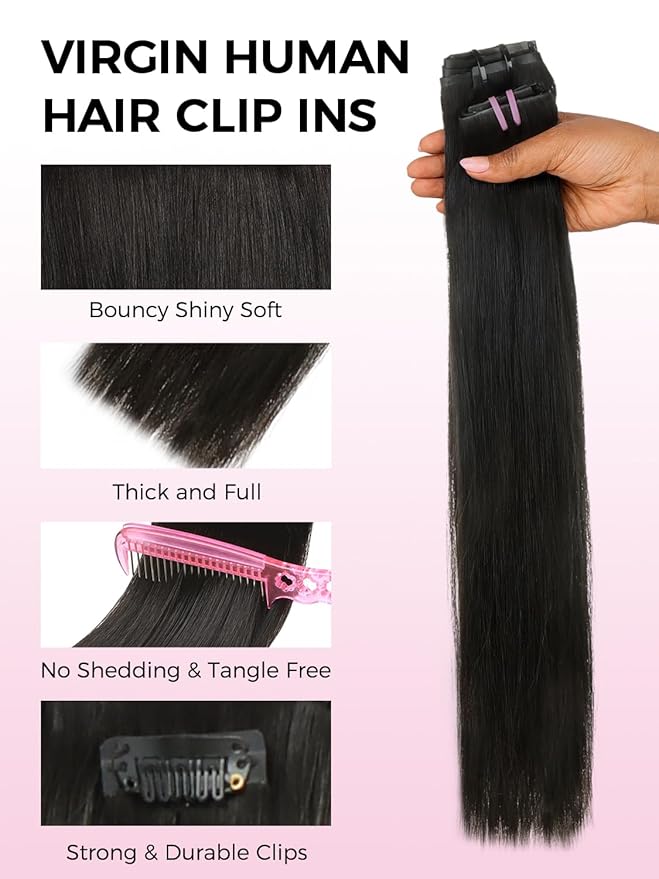 Lashey Invisi Edge & Seamless Clip in Hair Extensions Human Hair, 16 Inch 110g 7pcs(5pcs Invisi Edge& 2pcs Seamless) Real Virgin Human Hair Extensions, Natural Black Yaki Straight Hair