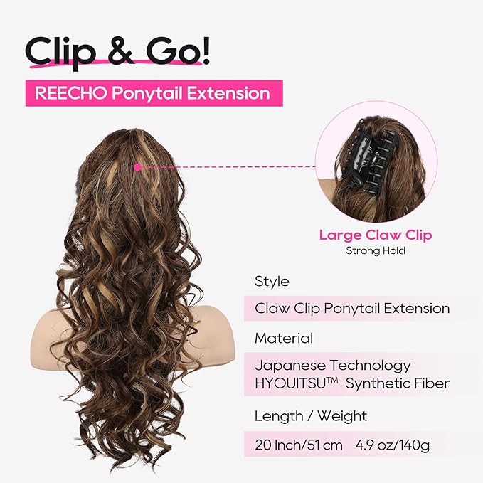 REECHO Ponytail Extension, 20" Claw Clip Ponytail Extension Curly Clip in Ponytail Long Pony Tails Hair Extensions for Women Synthetic Hairpiece, Chestnut Brown with Golden Highlights
