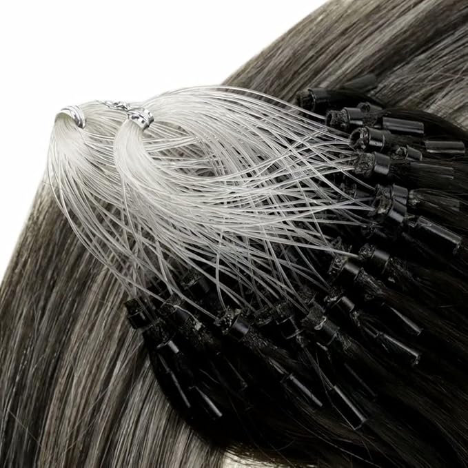 LaaVoo Micro Beads Hair Extensions Ombre Natural Black to Grey Silver Micro Loop Hair Extensions Real Human Hair Balayage Cold Fusion 16 Inch 50g/50s
