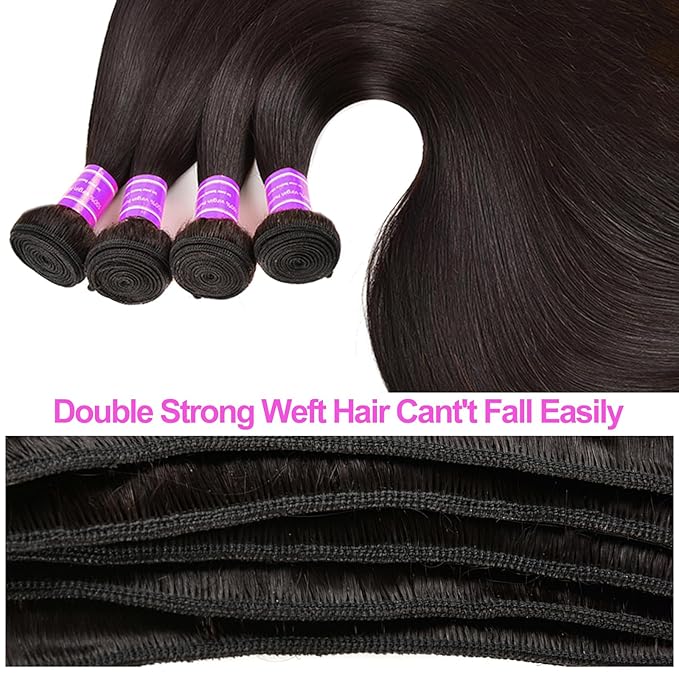 Straight Bundles Human Hair with Closure 3 Bundles Brazilian Virgin Extensions Natural Color Silky Straight Unprocessed Weave(24 26 28+20closure)