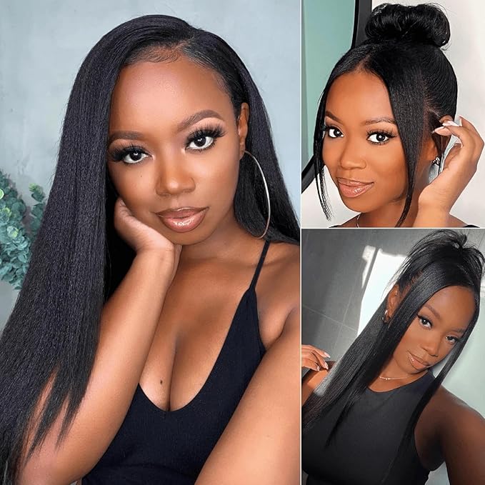 Julia Hair Bye Bye Knots Glueless Wig Yaki Human Hair Lace Wig Invisible Knots Put On and Go Pre Cut 7x5 Lace Front Wigs for Beginners Pre Bleached Pre Plucked No Glue150% Density 24 Inch
