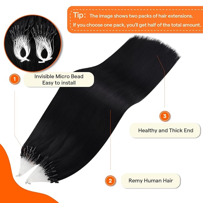 Full Shine Micro Link Hair Extensions Human Hair Color 1B Natural Black 20 Inch 50G with 7G Micro Beads Micro Loop Hair Extensions Real Human Hair for Women Prebonded Extensions