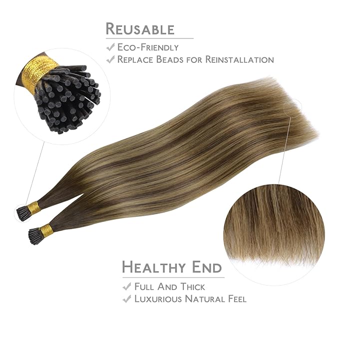 WENNALIFE I Tip Hair Extensions Real Human Hair, 100g 100s 22 Inch Balayage Chocolate Brown to Caramel Blonde Remy Itip Human Hair Extensions Invisible Itips Straight I Tips Cold Fusion Extensions