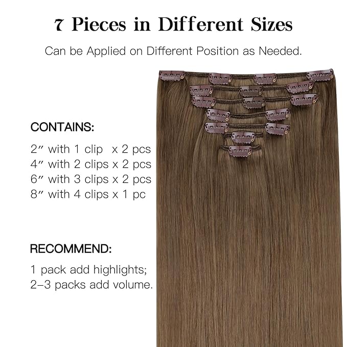 HOTBANANA Human Hair Clip in Hair Extensions, Ash Brown 120g Clip in Hair Extensions Real Human Hair Straight Remy Hair Clip in Hair Extensions 16 Inch 7pcs