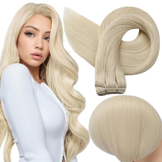 Full Shine Hair Extensions 24 Inch Weft Hair Extensions Human Hair Color Platinum Blonde Extensions Sew In Extensions Real Human Hair Remy Human Hair Weft Extensions 105G
