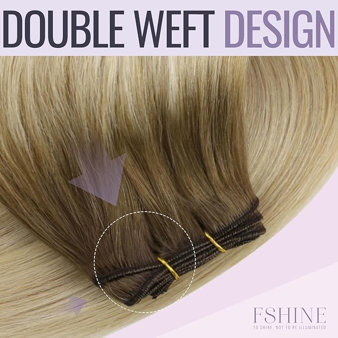 Fshine Sew in Weft Hair Extensions Human Hair Color Chestnut Brown Fading To Honey Blonde Mix Platinum Blonde Natural Hair Extensions 18 Inch Brazilian 100g Remy Hair for Women