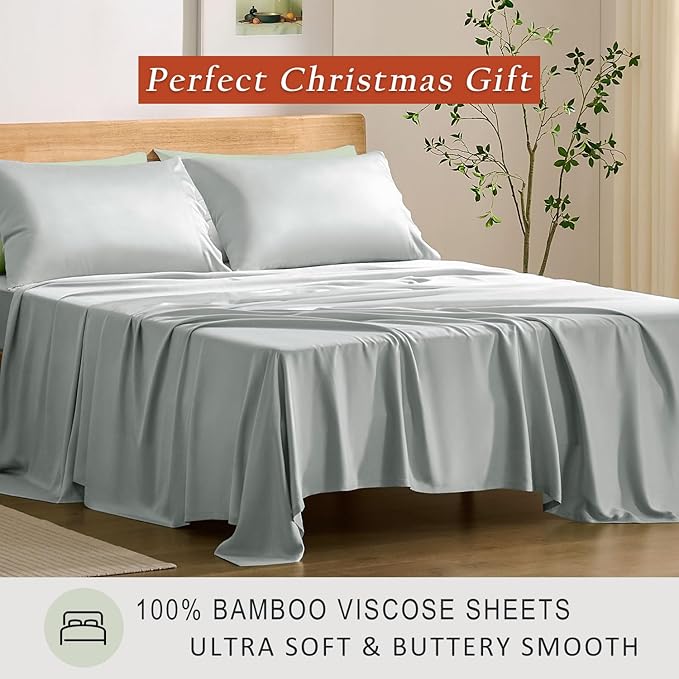 TOSMO Luxury Cooling Sheet Set - 100% Viscose from Bamboo, 4-Piece Bedding Set (Full Size) - 18” Extra Deep Pockets, Oeko-Tex Certified, Silky Soft and Breathable, Sliver