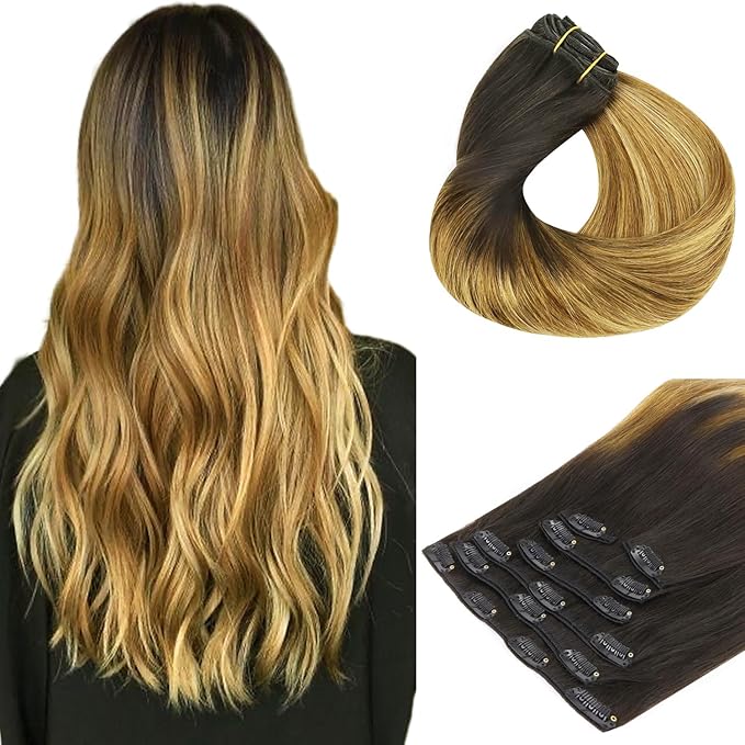 HOTBANANA Human Hair Clip in Hair Extensions, Dark Brown to Chestnut Brown and Dirty Blonde Highlighted (Warm Tone) 120g Clip in Hair Extensions Real Human Hair Straight Remy Hair 22 Inch 7pcs