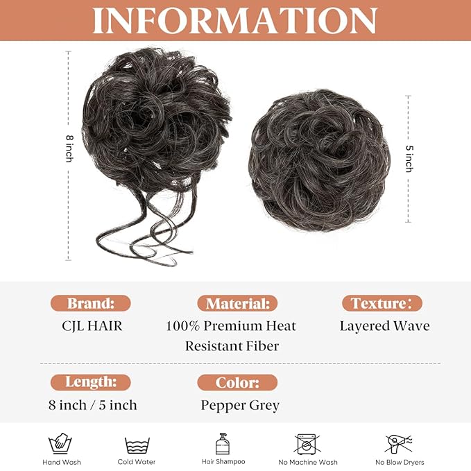 CJL HAIR 2PCS Messy Bun Hair Pieces Wavy Curly Synthetic Updo Chignon Fake Scrunchies Ponytail Extension for Women Pepper Grey