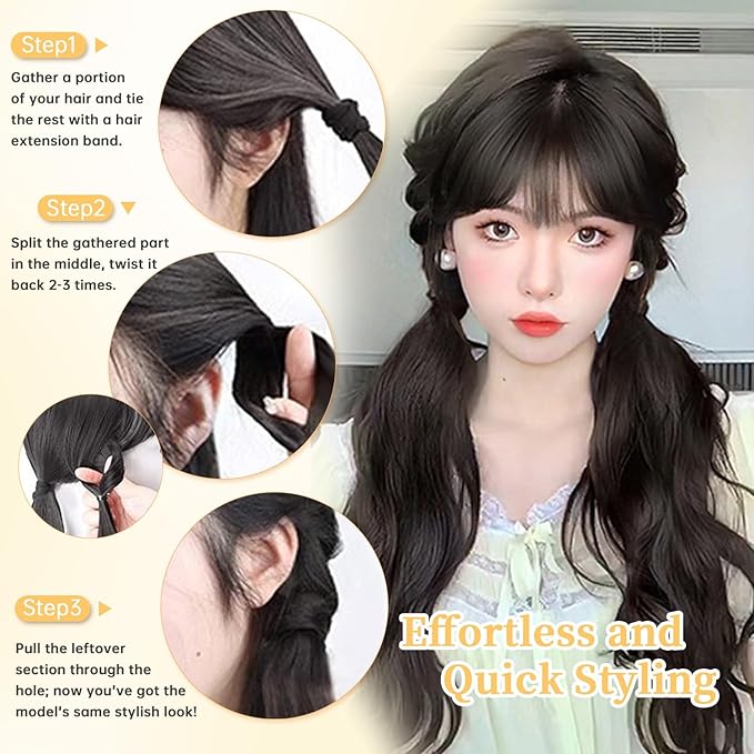 2PCS Curly Ponytail Extension with Hair Tie Hair Natural Wig Elastic Band Wave Fake Ponytail Wigs Accessories for Women Daily 17 Inch (2pcs-black)