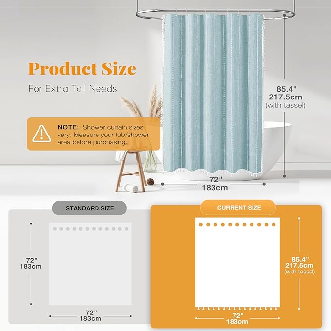 BTTN Extra Long Shower Curtain - 72x84 Long Boho Chic Striped Tassel Linen Fabric Shower Curtain Set with Hook, Tall Modern Farmhouse Cute Heavy Duty Cloth Shower Curtains for Bathroom - Fog Blue