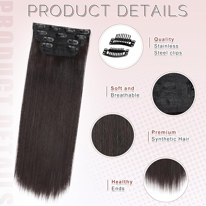 Vigorous Clip in Hair Extensions 22 Inch Dark Brown Hair Extension Clip Ins 4PCS Soft Synthetic Straight Hairpieces for Women