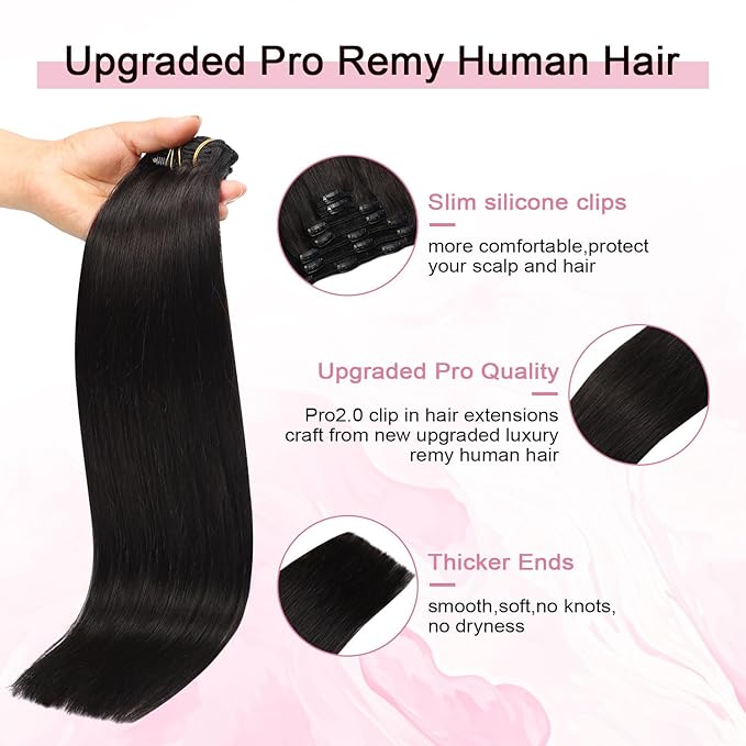 Pro2.0 Remy Real Human Hair Extensions Clip ins 120g Thick 7pcs Color #1B Natural Black Remy Clip in Hair Extensions Real Human Hair 16inch Seamless Double Weft for Women（#1B-16inch）