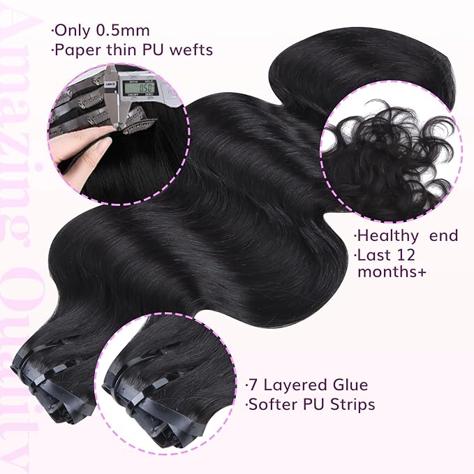 IDN BEAUTY Seamless Clip In Hair Extensions Human Hair, Body Wave 24 Inch 110g 7pcs Natural Black Real Virgin Human Hair Seamless Clip Ins For Black Women PU Weft Invisible Edge