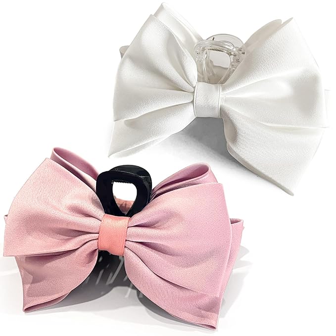 Bow Claw Clip,StrongHold Cute Bow Hair Claw Clips for Women Girls,Nonslip Silky Big Hair Bows Ribbons for Hair Claws,Large Claw Clips for Thick/Thin Hair Styling Accessories Gifts (white,pink)