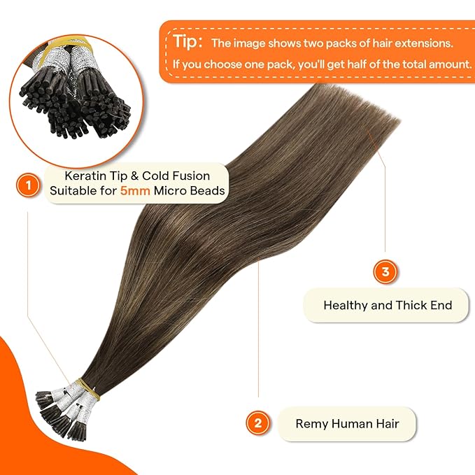 Full Shine Itip Human Hair Extensions 16 Inch 40 Grams I Tip Hair Extensions Real Human Hair Darkest Brown Ombre Ash Brown Fusion Extensions Remy Hair for Women