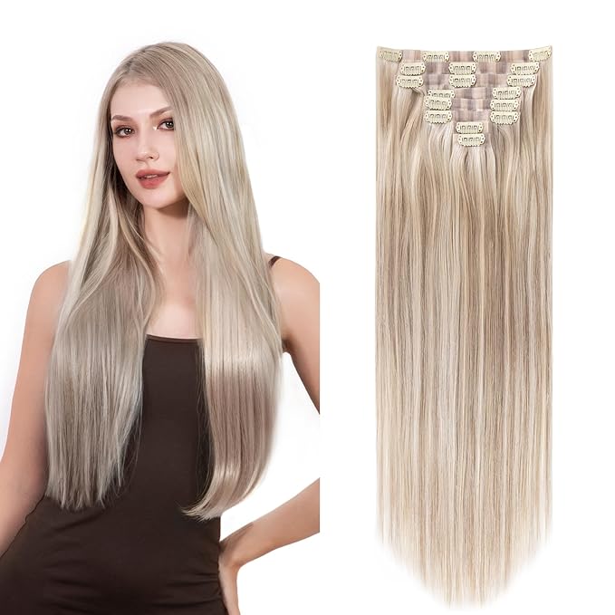 Clip in Hair Extensions Real Human Hair Seamless Clip Ins 100% Remy Hair Extensions PU Skin Weft Add Volume Ash Blonde Highlights Thick&Invisible #P18/613 18Inch 120G 8PCS