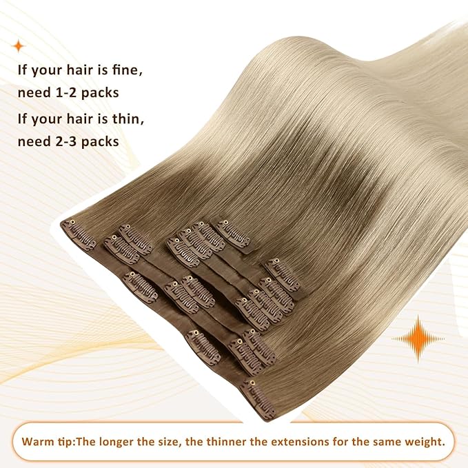Full Shine Clip in Extensions for Women Ombre Clip in Hair Extensions Ash Brown to Platinum Blonde 22 Inch Seamless Human Hair Clip ins Extension Add Length 120 G 8 PCS