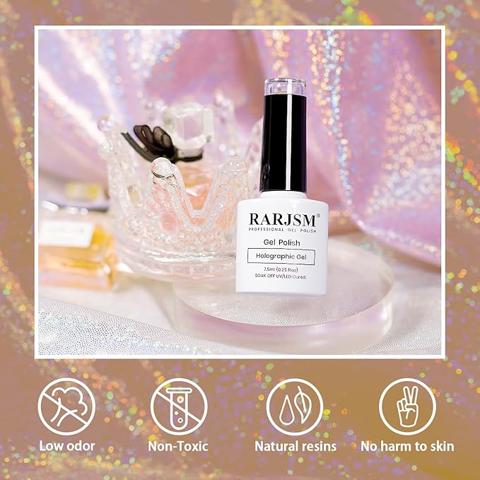 RARJSM Holographic Gel Nail Polish Champagne Gold Reflective Iridescent Rainbow Glitter Gel Polish Curing Required Unicorn Mirror Chrome Laser Effect Soak off for DIY Salon Home Manicure 7.5ML