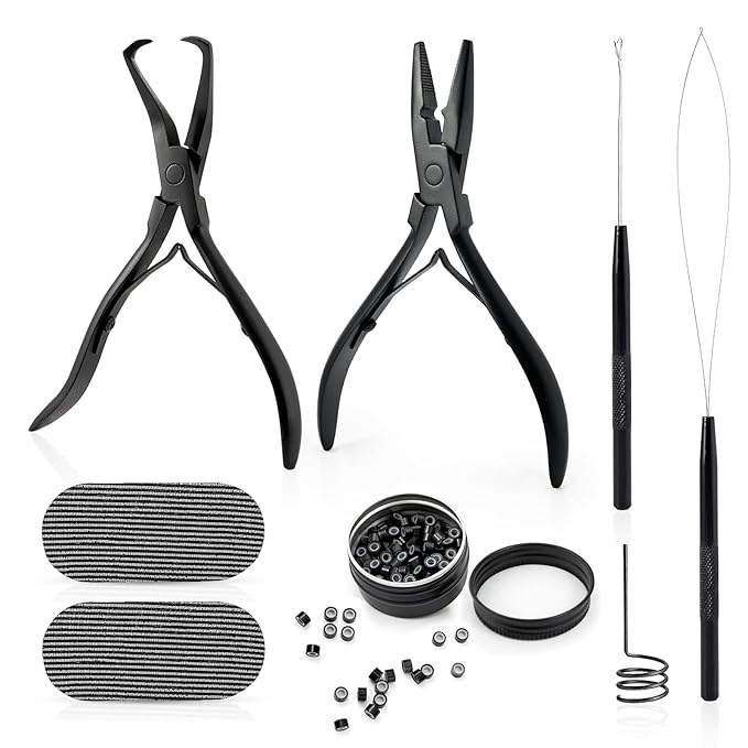 Gomake Microlinks Hair Extensions Kit, Hair Extension Closer and Removal Pliers, Micro Beads Pulling Hook & Microbead Loop Tool, Micro Links Silicone Rings Bead 200PCS(Black)