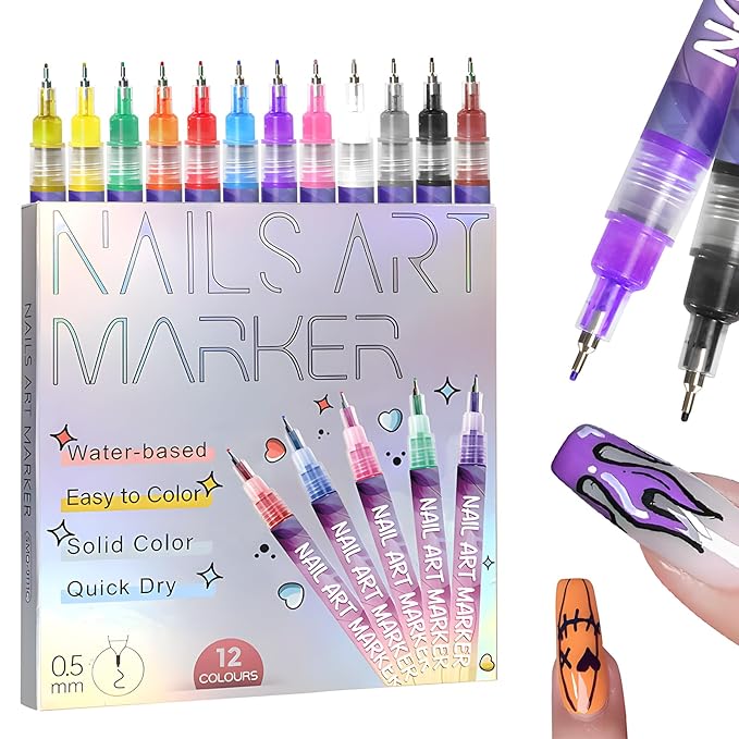 Fine Tips 3D Nail Art Pens, 12 Colors 0.5 MM Nail Marker Pens Nail Point Graffiti Dotting Drawing Painting Liner Pen for Home Salon Quickly Dry Nail Art Christmas Gift