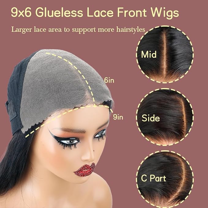 Glueless Wigs Human Hair Pre Plucked Pre Cut 9x6 Straight Lace Front Wigs 250 Density Invisi Drawstring Wigs 12A Brazilian Virgin Human Hair Wig Ready to Wear Wig 22 Inch