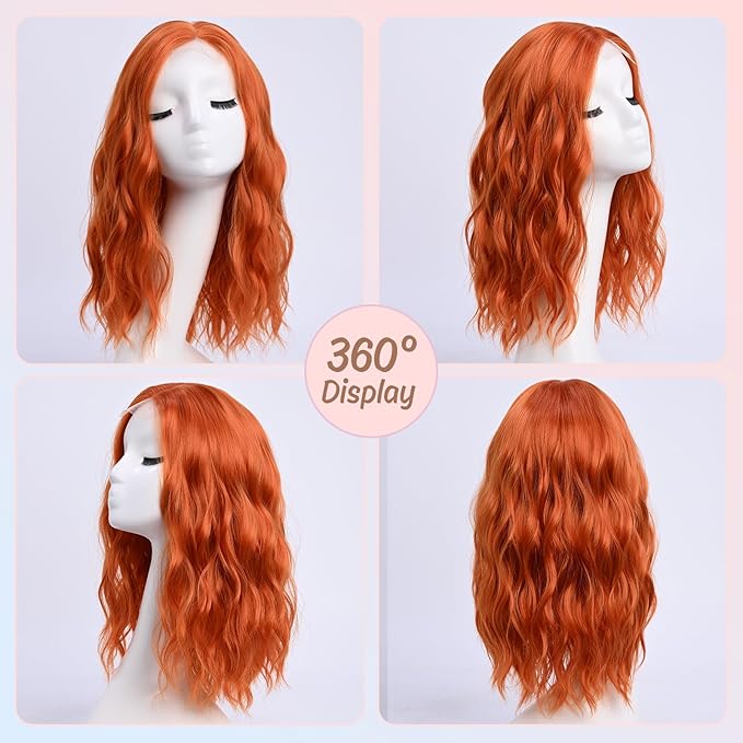Medium Length Orange Wavy Wigs for Women 18 Inch Middle Part Wavy Orange Wig Natural Looking Synthetic Heat Resistant Fiber Wig for Daily Party Use (18 inch)