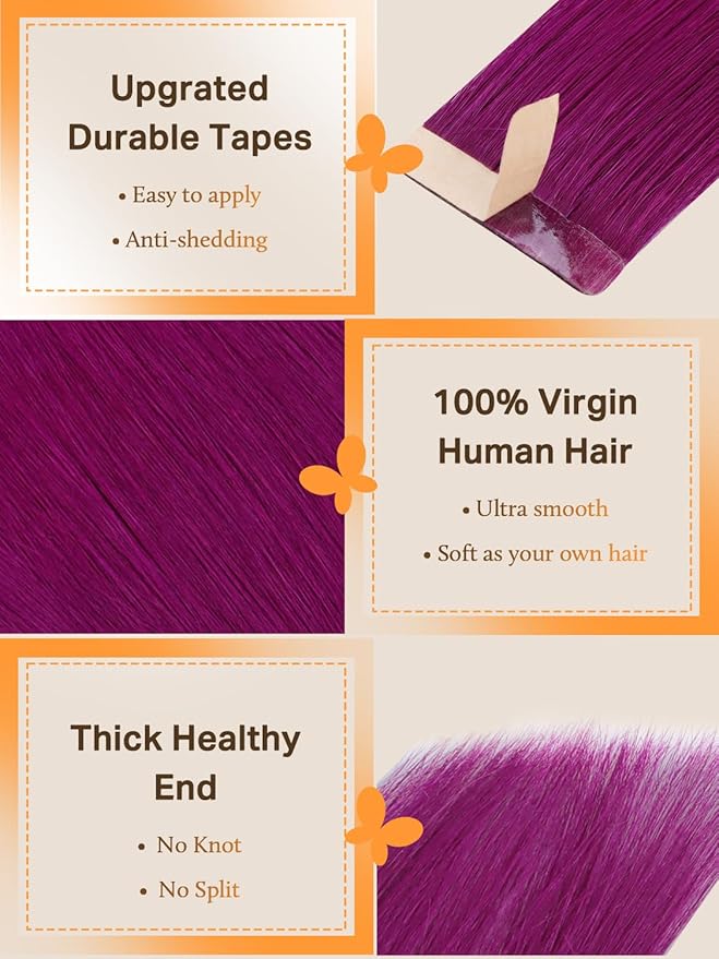 DOORES Tape in Human Hair Extensions - Violet 18 Inch 25g 10pcs, Remy Straight Skin Weft Double Side Tape