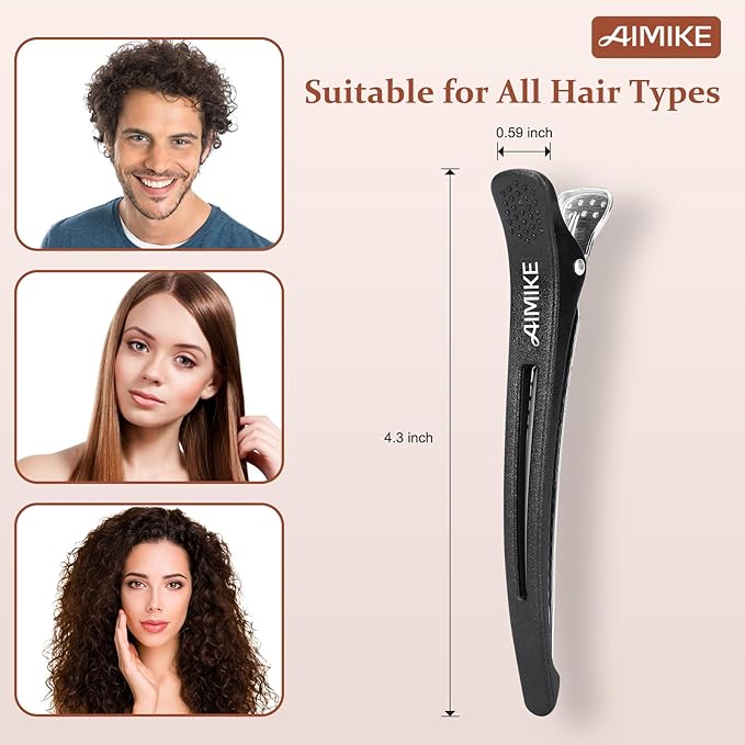 AIMIKE 12pcs Professional Hair Clips for Styling Sectioning, Non Slip No-Trace Duck Billed Hair Clips with Silicone Band, Salon and Home Hair Cutting Clips for Hairdresser, Women, Men -Black 4.3” Long