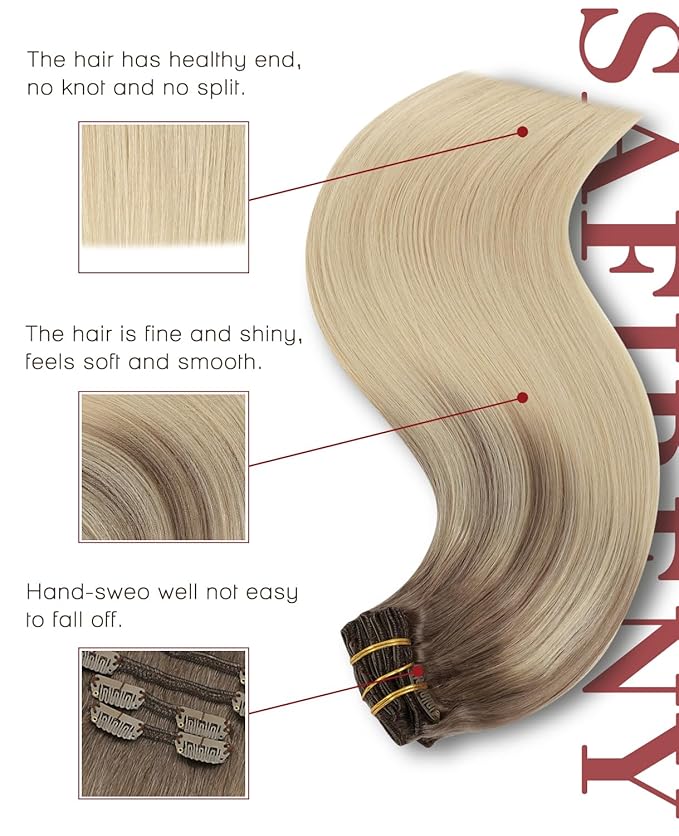 Clip In Hair Extensions Real Human Hair, Remy Human Hair Clip ins for Women, 22inch 160g 7Pcs ombre Ash Brown to Platinum Blonde Real Hair (#8T60-22inch)