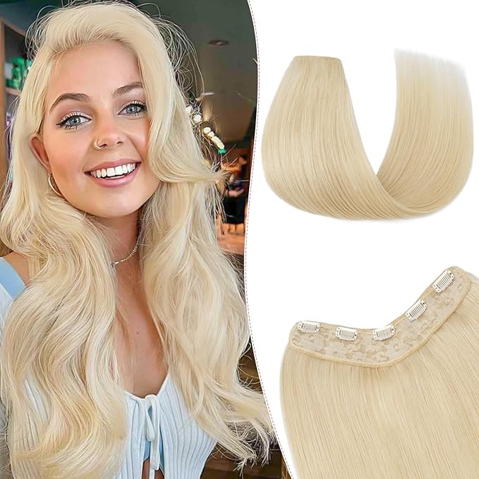 One Pieces Clip in Hair Extensions Human Hair Upgraded V-Shaped 5 Clips in Hair Extensions Human Hair Long One Piece Hairpiece for Women,12 Inch,#60 Platinum Blonde,55g