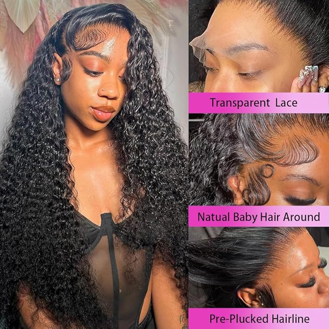 24 Inch Deep Wave Lace Front Wigs Human Hair 13x4 HD Transparent Deep Curly Lace Frontal Wigs Human Hair Glueless Wig pre Plucked 200% Density Natural Color