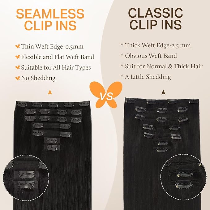 DOORES Real Human Hair Extensions, Natural Black 16 Inch 7 pcs 110g, Seamless Clip in Hair Extensions with Straight Invisi Edge