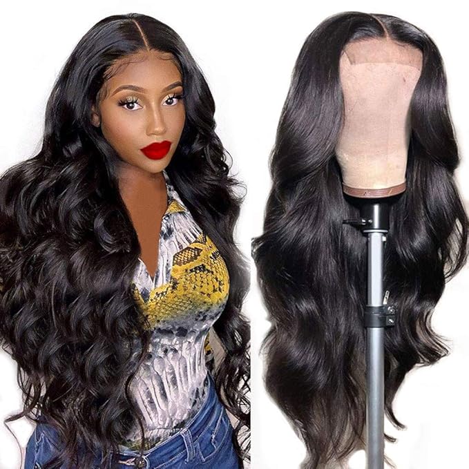 IUPin Body Wave Lace Front Wigs Human Hair Glueless HD Lace Closure Pre Plucked Bleached Knots Brazilian Virgin Human Hair Wigs for Black Women Natural Black (22 inch)