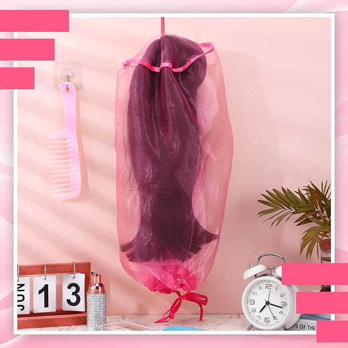 Loopeer 6 Pcs Wig Storage Bags Adjustable Wig Bag with Drawstring Portable Travel Organizer for keep from Dirt Dust(Rose Red)